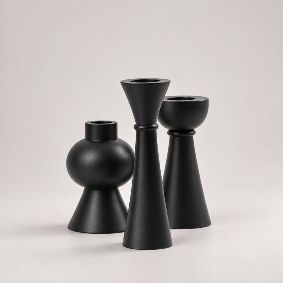 Grove Trio 3'lü Ahşap Şamdan Seti – Siyah