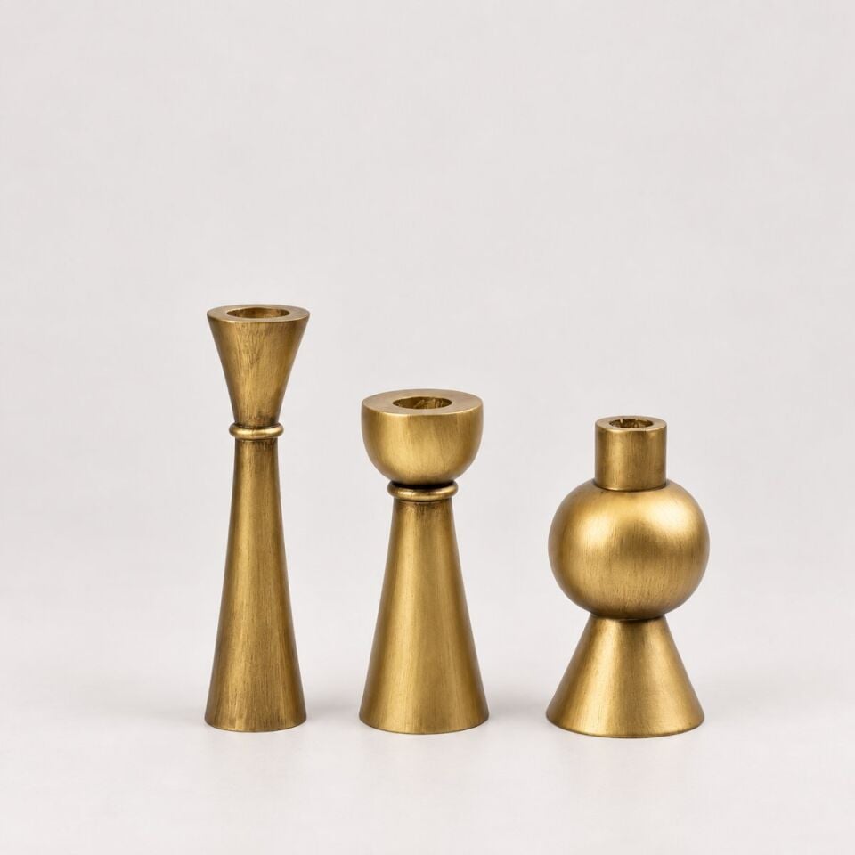 Grove Trio 3'lü Ahşap Şamdan Seti – Gold