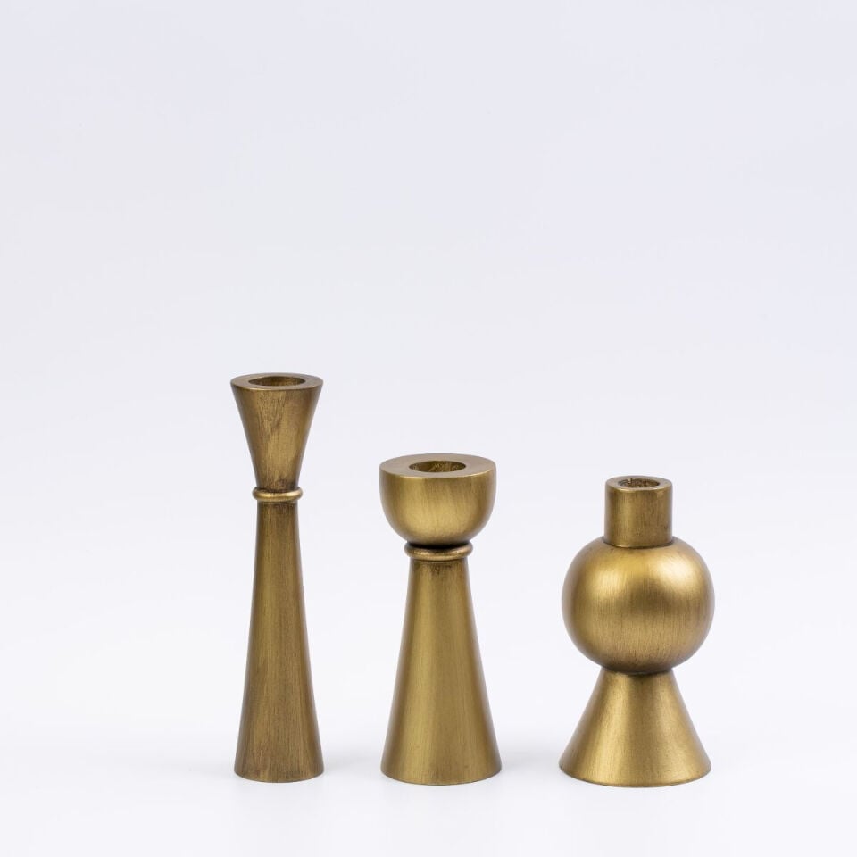 Grove Trio 3'lü Ahşap Şamdan Seti – Gold